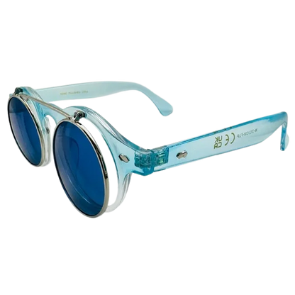 Blue round sunglasses with clear frame on a white background