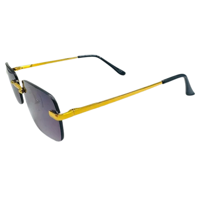 Sunglasses with gold frames and black arms on a white background