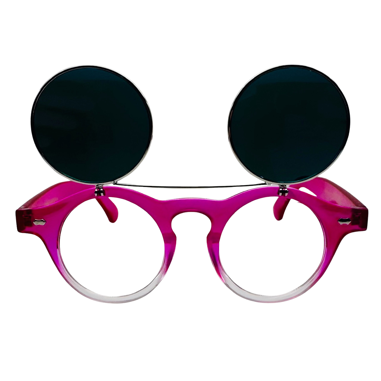 Pink eyeglasses with round black lenses on a white background