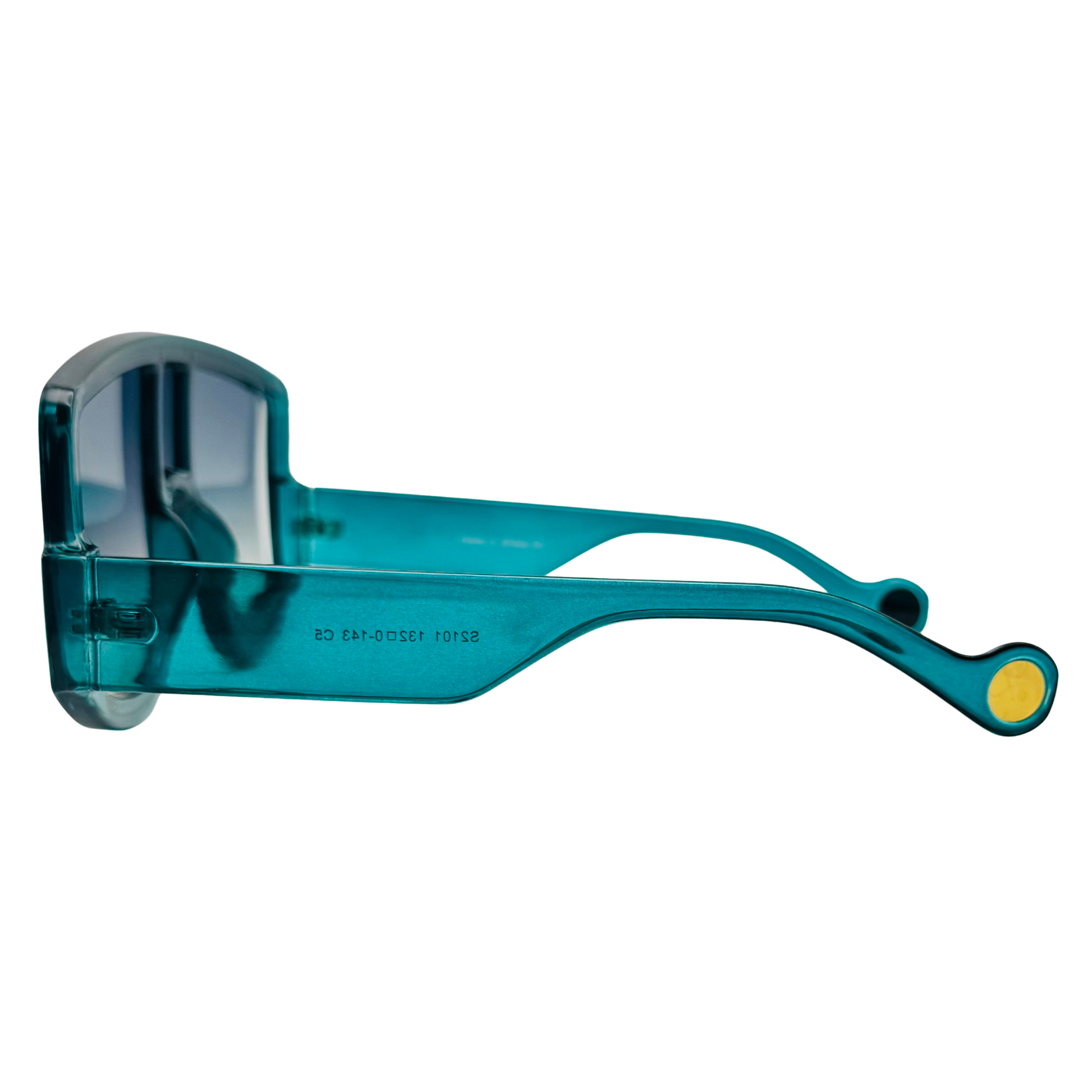 Teal sunglasses with a yellow button on a white background