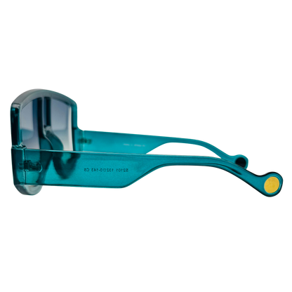 Teal sunglasses with a yellow button on a white background