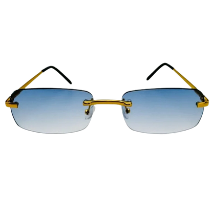 Sunglasses with gold frames and blue gradient lenses on a white background