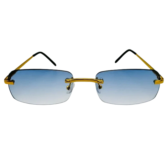 Sunglasses with gold frames and blue gradient lenses on a white background
