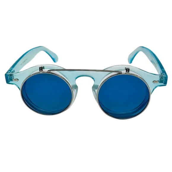 Sunglasses with blue lenses and light blue frames on a white background