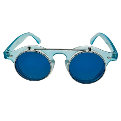 Sunglasses with blue lenses and light blue frames on a white background