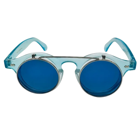 Sunglasses with blue lenses and light blue frames on a white background