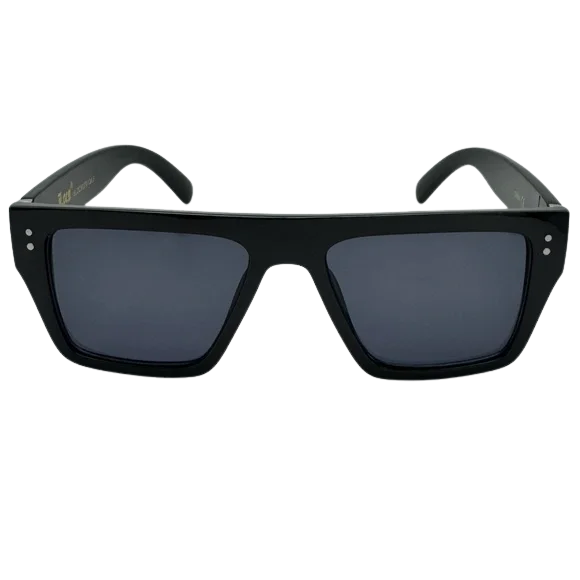 Black sunglasses with colorful embellishments on a white background