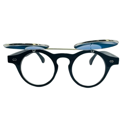 Black round eyeglasses with blue-tinted lenses on a white background