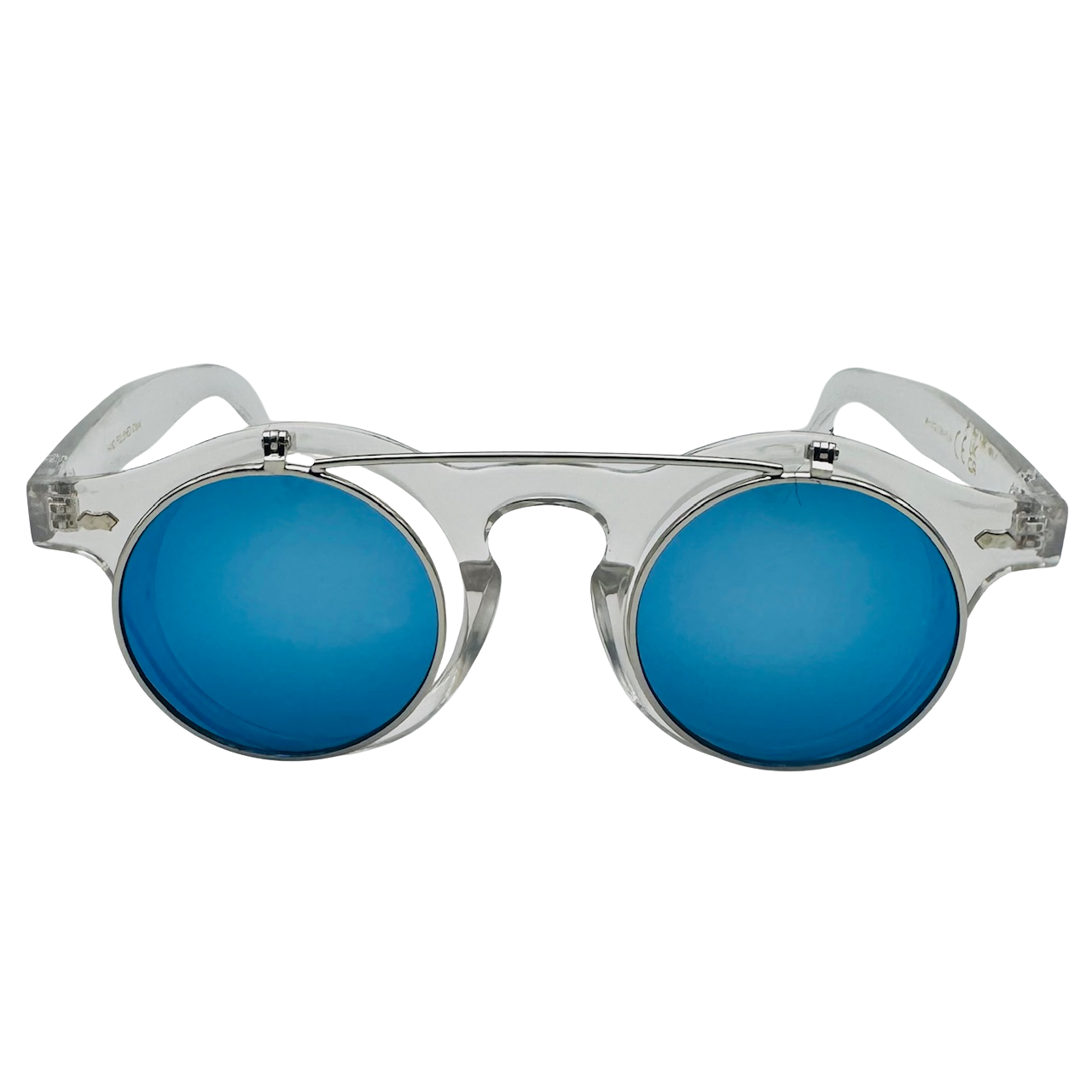 Sunglasses with blue lenses and silver frame on a white background