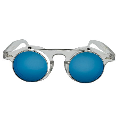 Sunglasses with blue lenses and silver frame on a white background