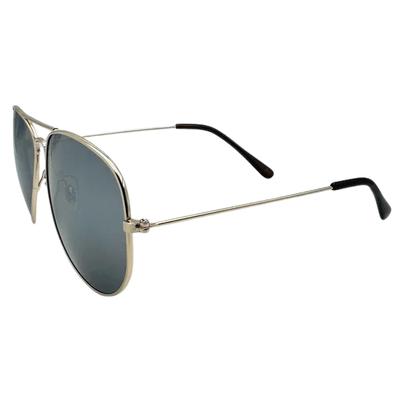 Aviator sunglasses with gold frame and dark lenses on a white background