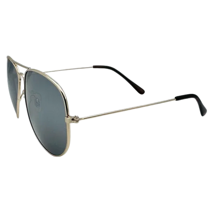 Aviator sunglasses with gold frame and dark lenses on a white background