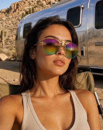 Model wearing the 5010 Queen Bee oversized rimless aviator sunglasses in Purple/Yellow/Green, showing the gold bee brow bar accent and purple to yellow to green rainbow gradient lenses