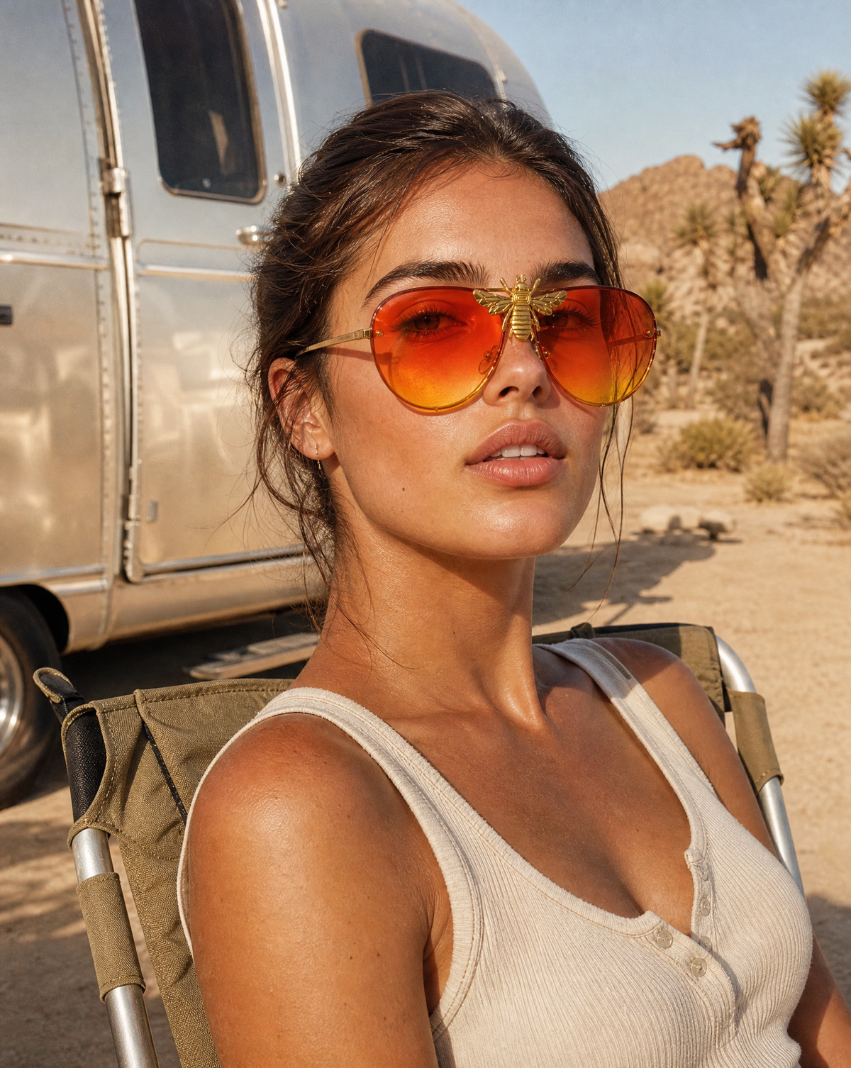 Model wearing the 5010 Queen Bee oversized rimless aviator sunglasses in Sunset, showing the gold bee brow bar accent and orange to yellow gradient lenses