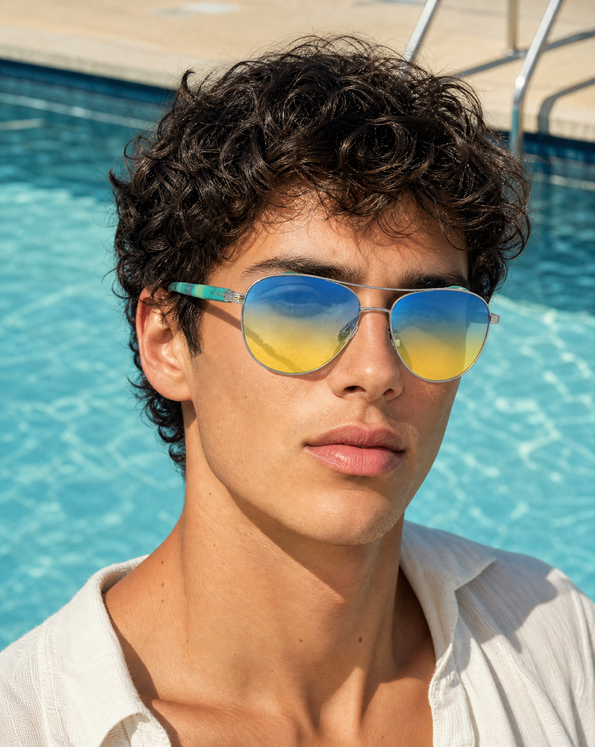 Model wearing the 5002 classic teardrop aviator sunglasses in Blue/Yellow, showing the silver metal rims, double brow bar, and blue to yellow gradient lenses