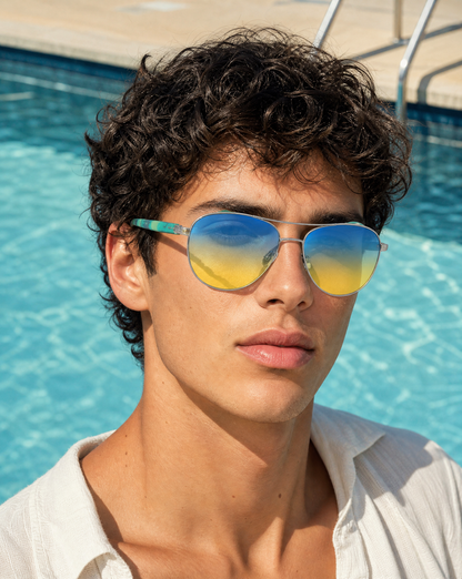Model wearing the 5002 classic teardrop aviator sunglasses in Blue/Yellow, showing the silver metal rims, double brow bar, and blue to yellow gradient lenses