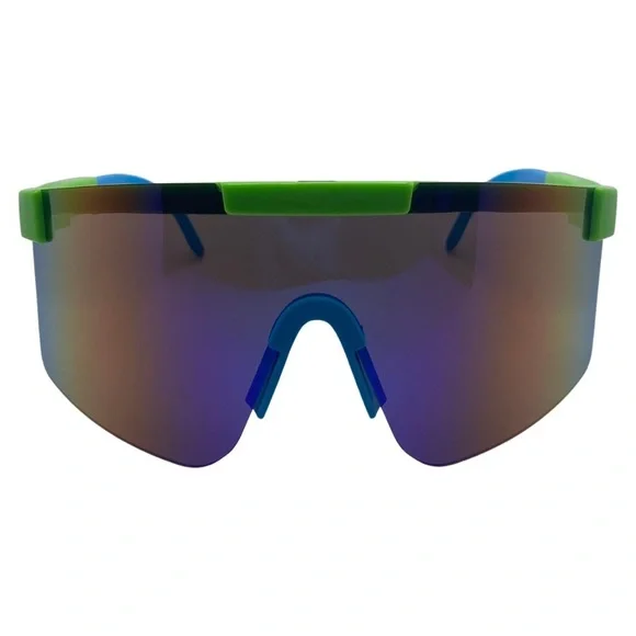 Green/Blue Mirrored Lens Wrap Sunglasses