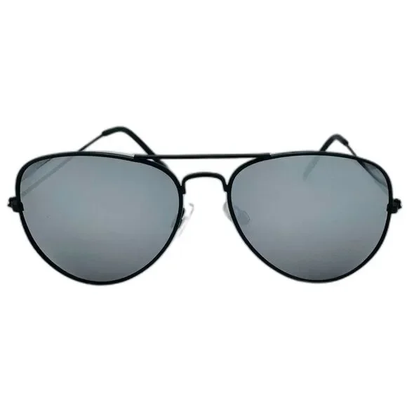 Aviator sunglasses with black frame and reflective lenses on a white background