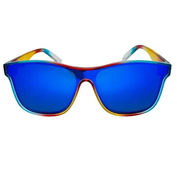 Sunglasses with blue lenses and colorful frame on a white background