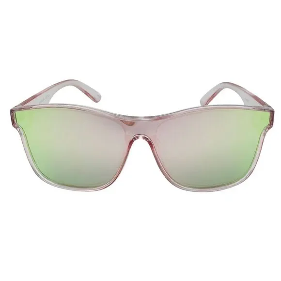 Sunglasses with pink frame and green-tinted lenses on a white background