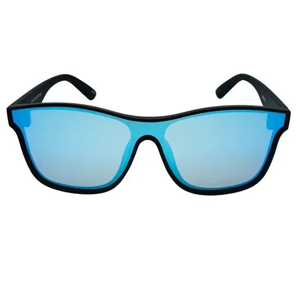 Sunglasses with blue lenses and black frame on a white background