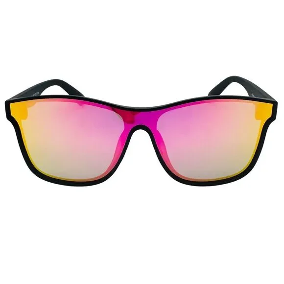 Sunglasses with black frame and pink and yellow gradient lenses on a white background